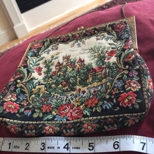 Vintage made in France tapestry castle surrounded by flowers 7 by 6 inches